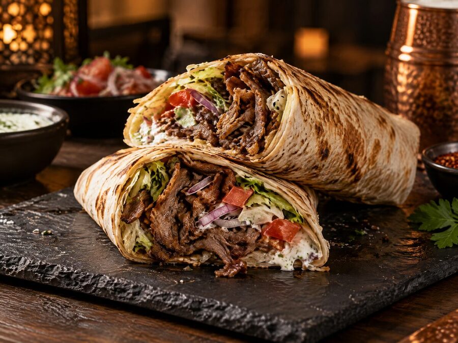 Dürüm de kebab cortado por la mitad