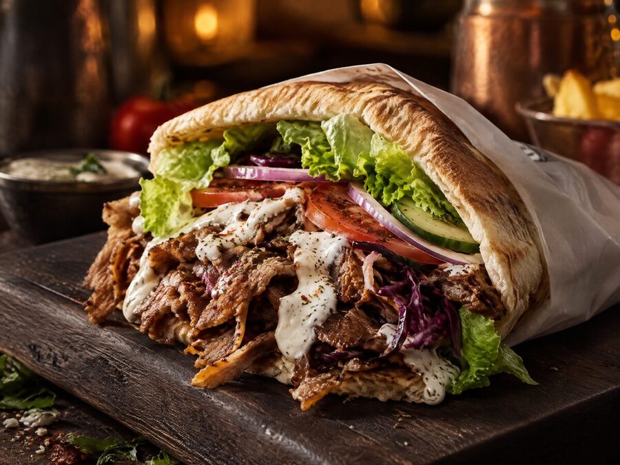 Döner kebab en pan de pita con verduras
