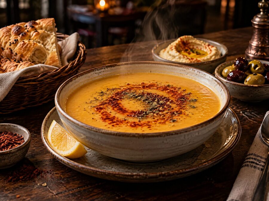 Sopa turca de lentejas rojas con guarniciones