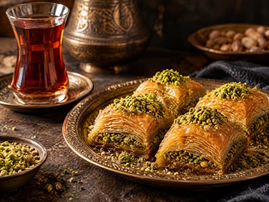 Baklava con pistacho y té turco